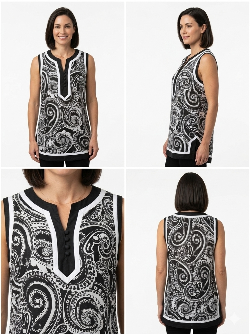 Saint Tropez West 100% Pure Linen Tunic Paisley Boho Black White Resort Size M